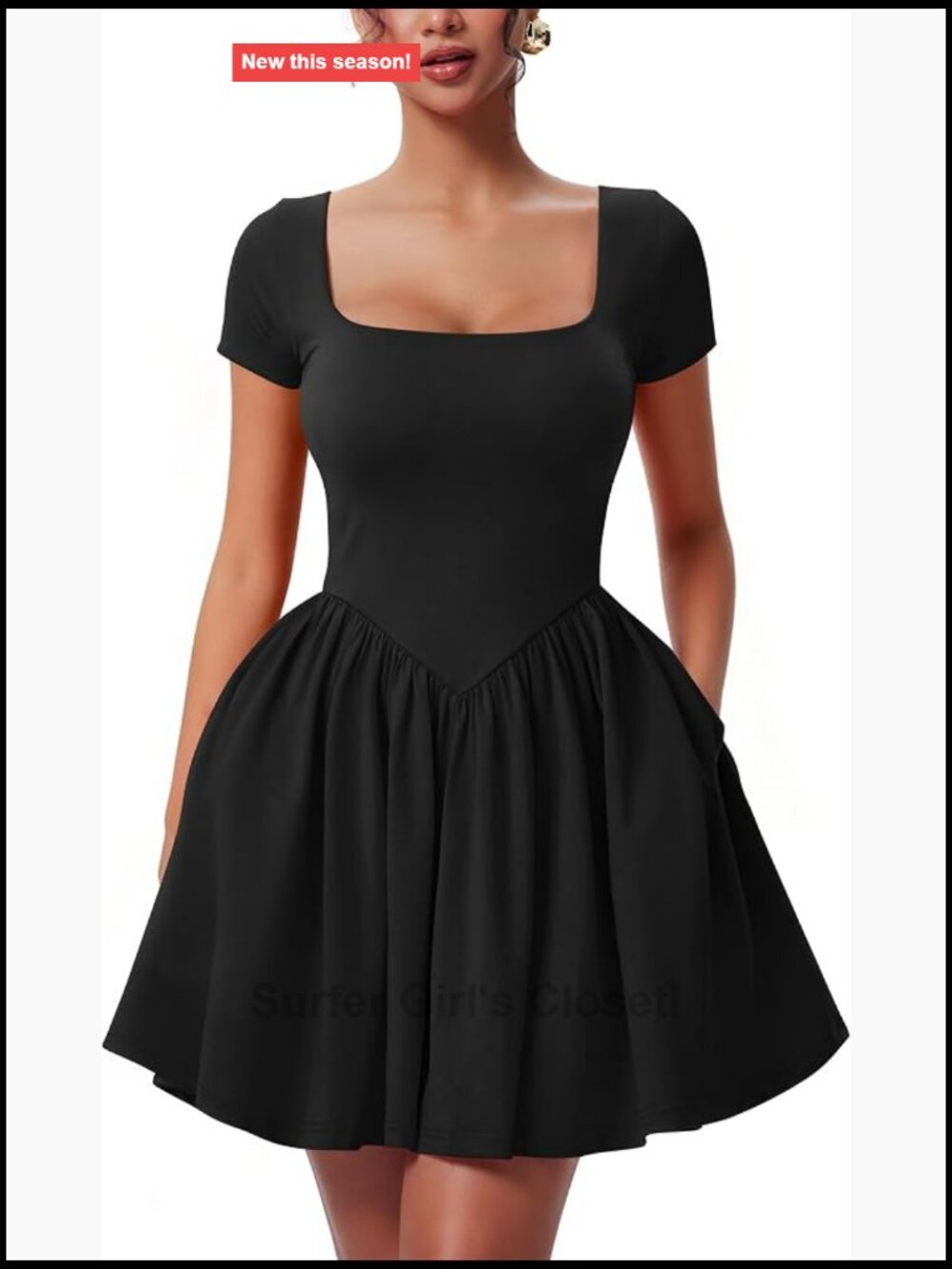 Women's Casual Short Sleeve Square Neck A-line Party Dress with Pockets